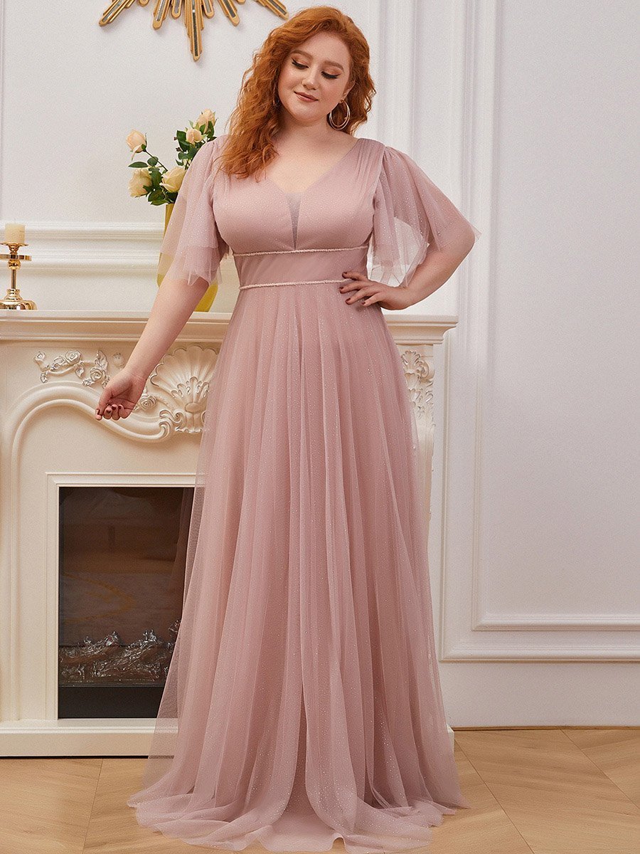 Color=Pink | Plus Size Wholesale Tulle Evening Dress With Deep V Neck-Pink 1
