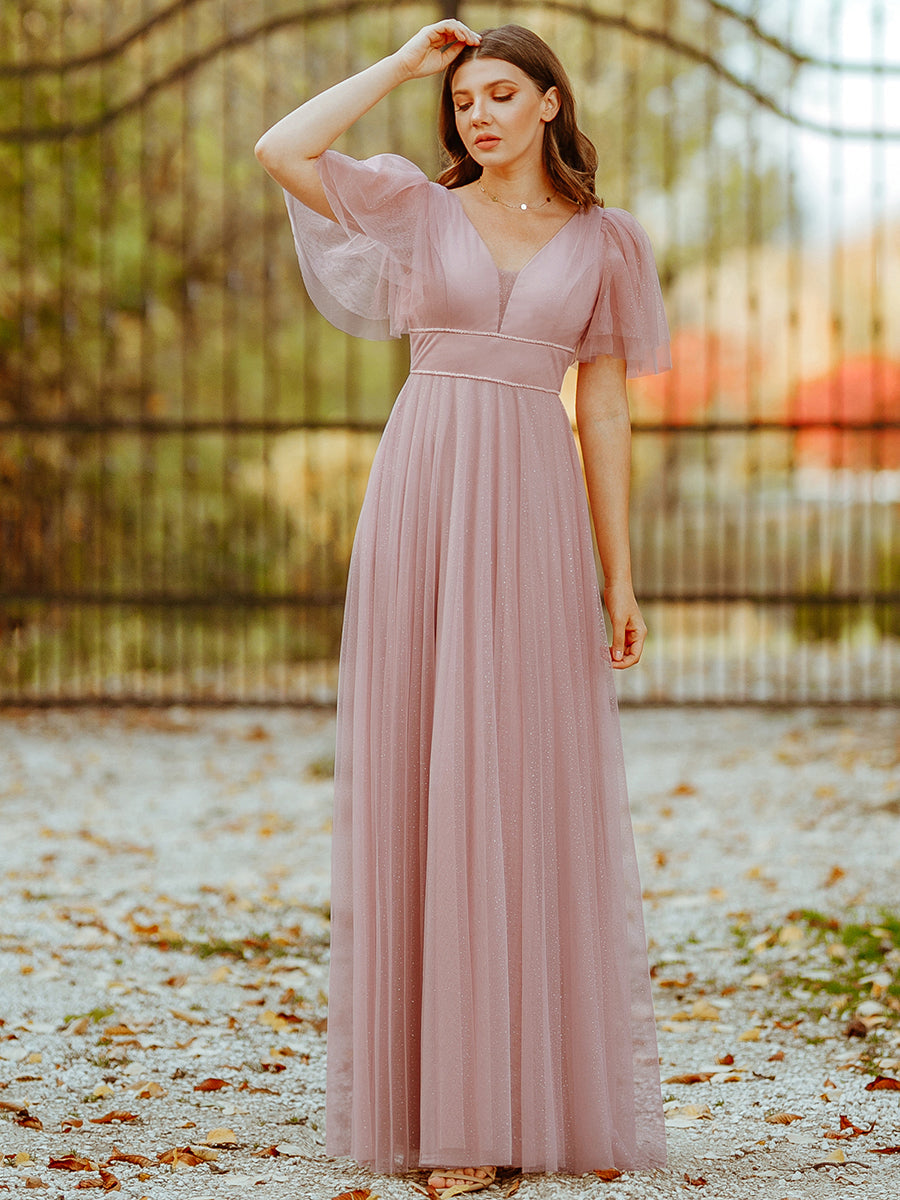 Color=Pink | Wholesale Long Deep V Neck Maxi A-Line Tulle Evening Dress-Pink 3