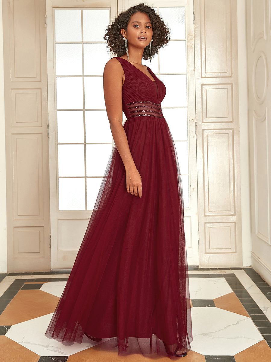 Color=Burgundy | Deep V Neck Sleeveless A Line Floor Length Wholesale Evening Dresses-Burgundy 3