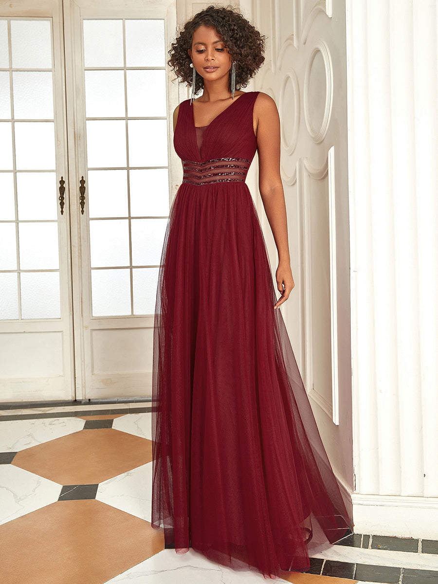 Color=Burgundy | Deep V Neck Sleeveless A Line Floor Length Wholesale Evening Dresses-Burgundy 4