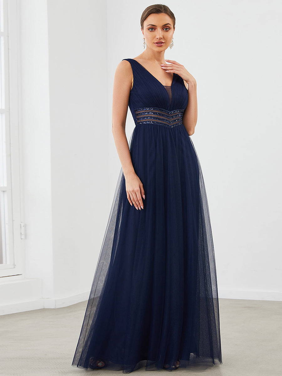 Color=Navy Blue | Deep V Neck Sleeveless A Line Floor Length Wholesale Evening Dresses-Navy Blue 1