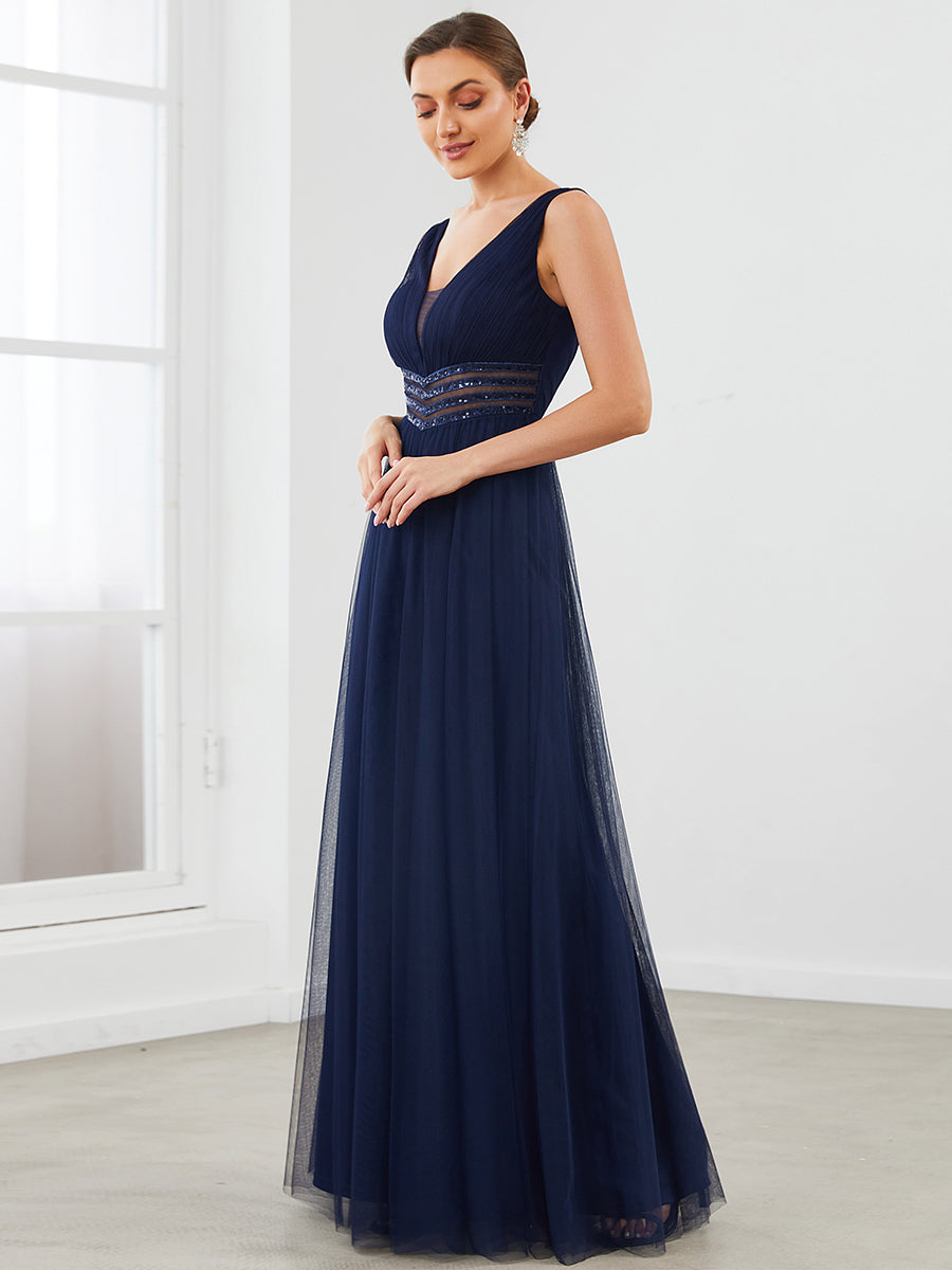 Color=Navy Blue | Deep V Neck Sleeveless A Line Floor Length Wholesale Evening Dresses-Navy Blue 3
