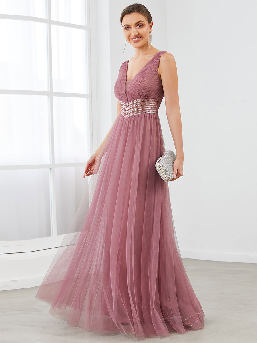 Color=Orchid | Deep V Neck Sleeveless A Line Floor Length Wholesale Evening Dresses-Orchid 1