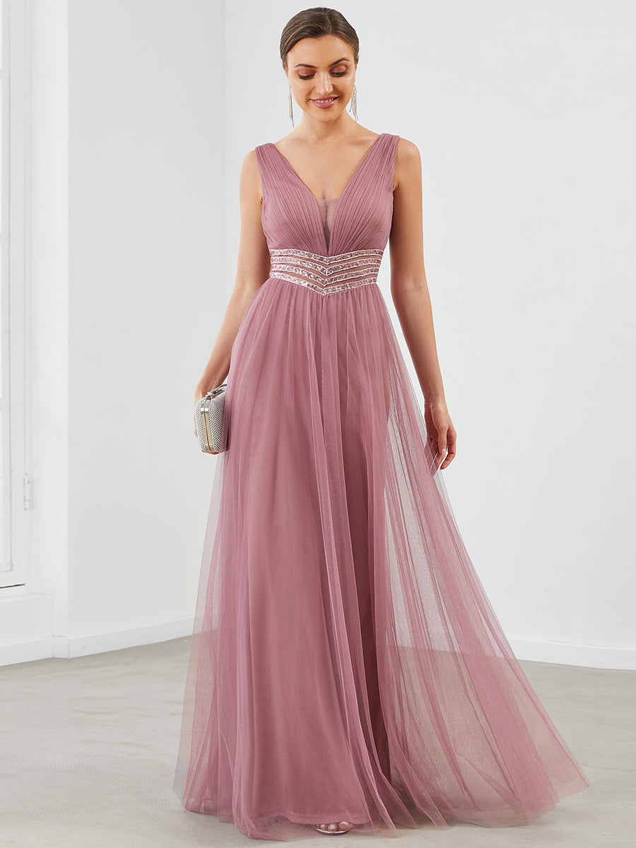 Color=Orchid | Deep V Neck Sleeveless A Line Floor Length Wholesale Evening Dresses-Orchid 3