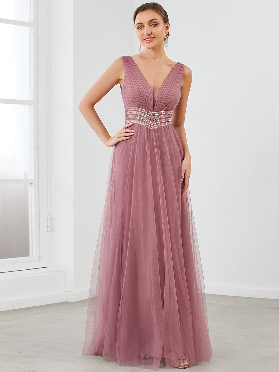 Color=Orchid | Deep V Neck Sleeveless A Line Floor Length Wholesale Evening Dresses-Orchid 4