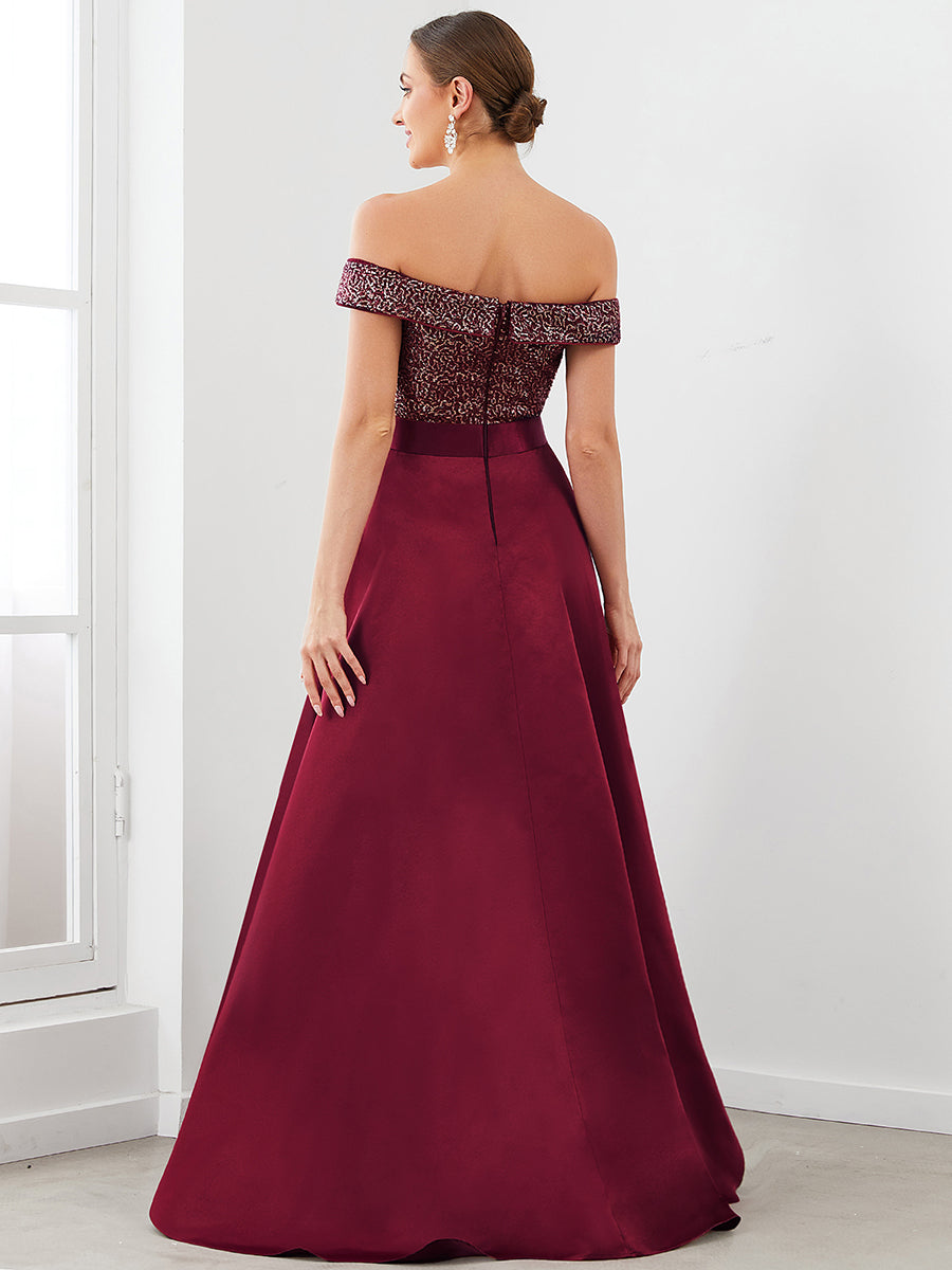 Color=Burgundy | A Line Off Shoulder Wholesale Evening Dresses with Asymmetrical Hem-Burgundy 2