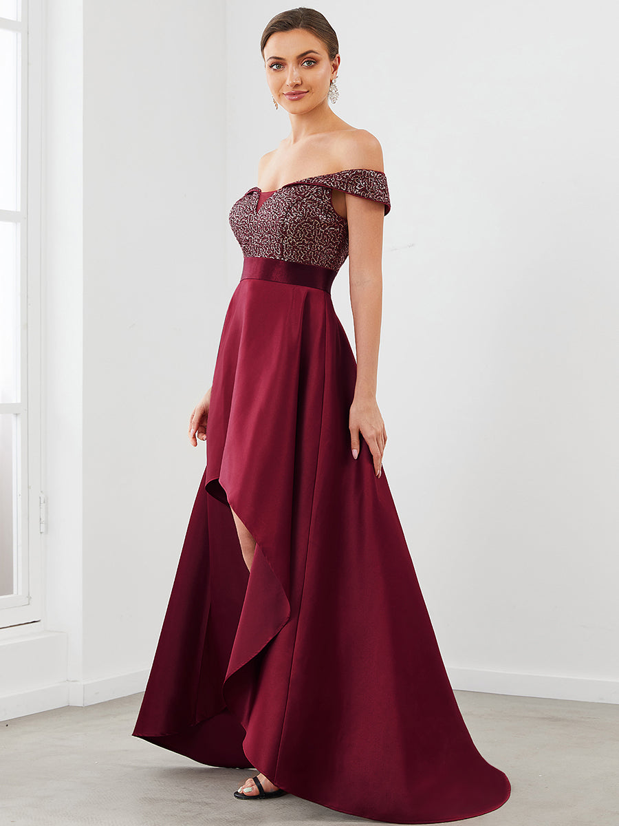Color=Burgundy | A Line Off Shoulder Wholesale Evening Dresses with Asymmetrical Hem-Burgundy 3