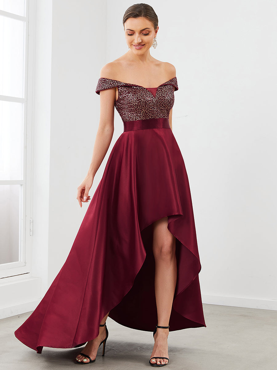 Color=Burgundy | A Line Off Shoulder Wholesale Evening Dresses with Asymmetrical Hem-Burgundy 4