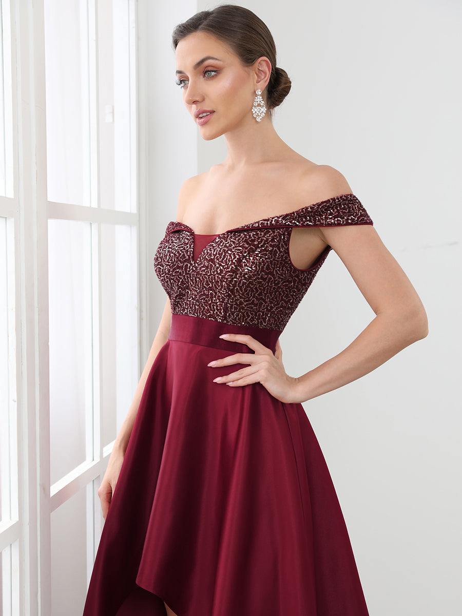 Color=Burgundy | A Line Off Shoulder Wholesale Evening Dresses with Asymmetrical Hem-Burgundy 5