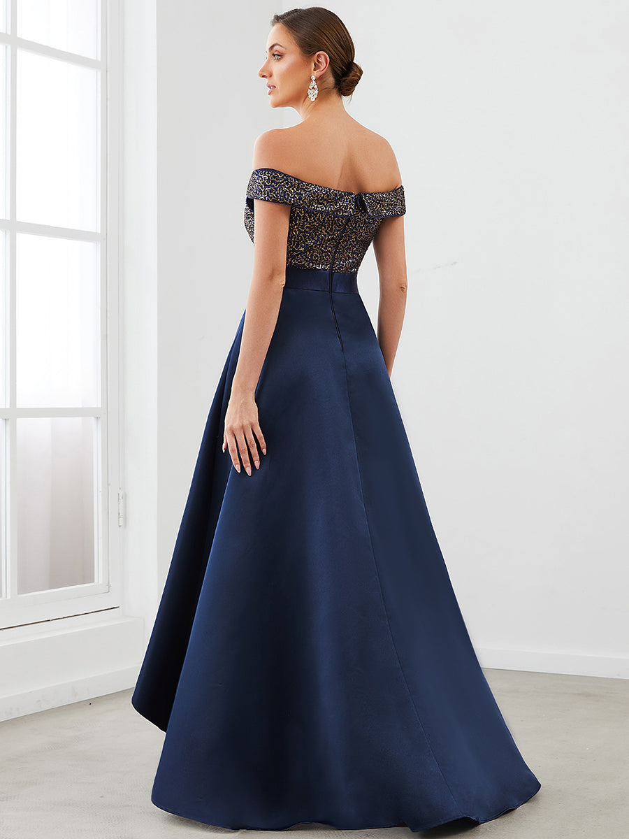 Color=Navy Blue | A Line Off Shoulder Wholesale Evening Dresses with Asymmetrical Hem-Navy Blue 3