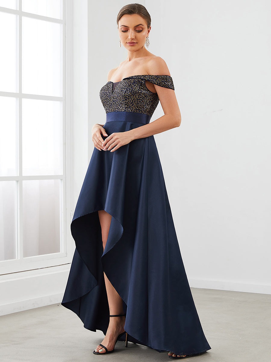 Color=Navy Blue | A Line Off Shoulder Wholesale Evening Dresses with Asymmetrical Hem-Navy Blue 4