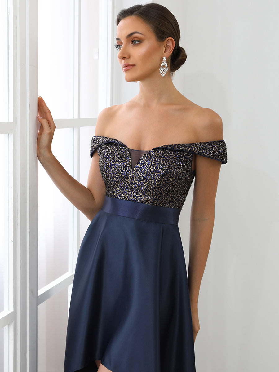 Color=Navy Blue | A Line Off Shoulder Wholesale Evening Dresses with Asymmetrical Hem-Navy Blue 5