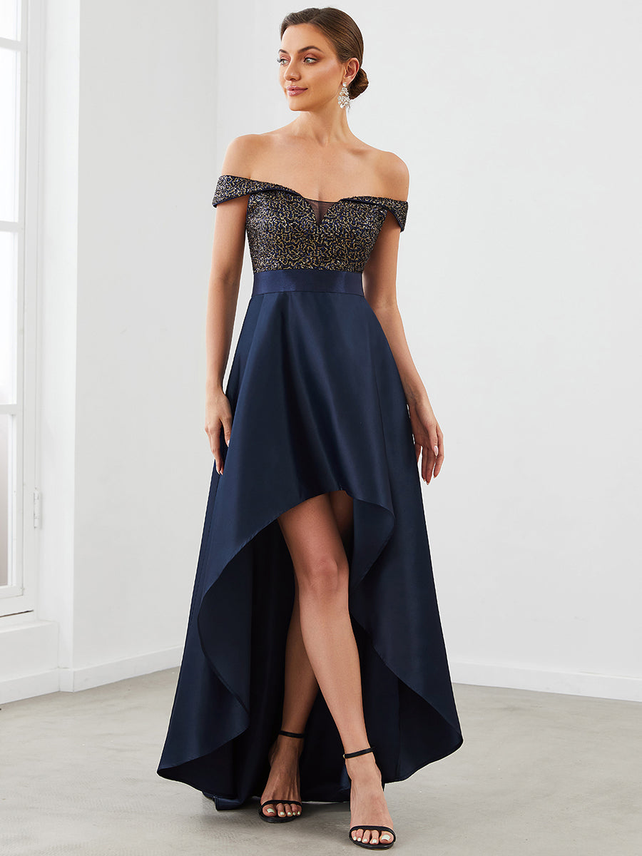 Color=Navy Blue | A Line Off Shoulder Wholesale Evening Dresses with Asymmetrical Hem-Navy Blue 2