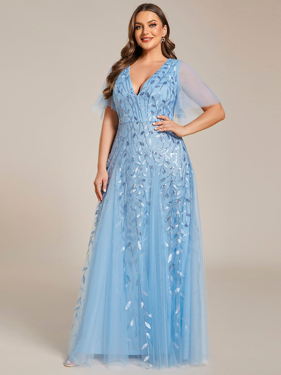 Color=Sky Blue | Deep V Neck Wholesale Sequin Evening Gown With Short Sleeves-Sky Blue