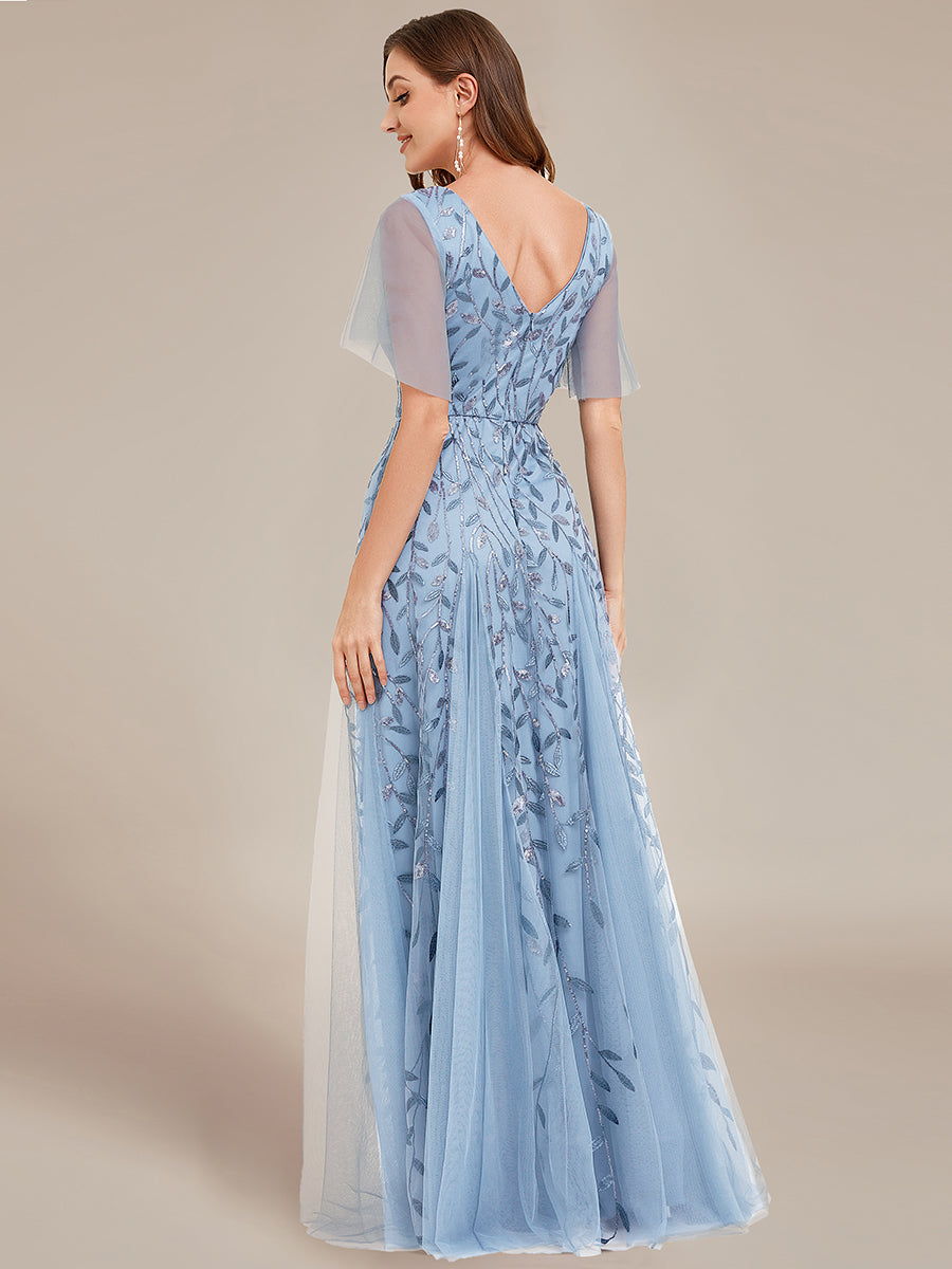 Color=Sky Blue | Deep V Neck Wholesale Sequin Evening Gown With Short Sleeves-Sky Blue