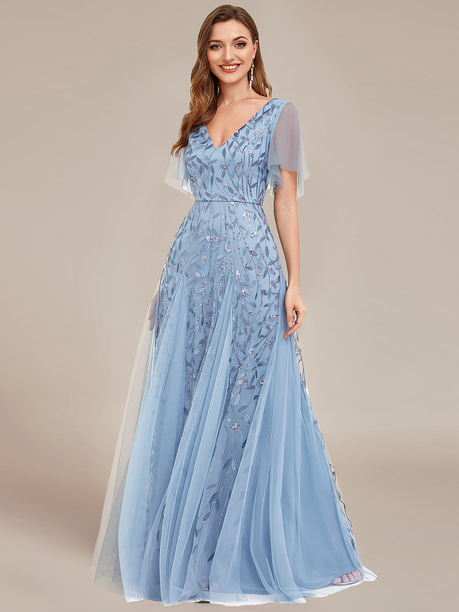 Color=Sky Blue | Deep V Neck Wholesale Sequin Evening Gown With Short Sleeves-Sky Blue