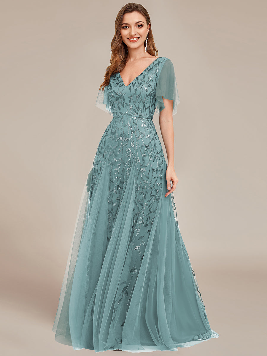 Color=Dusty Blue | Deep V Neck Wholesale Sequin Evening Gown With Short Sleeves-Dusty Blue