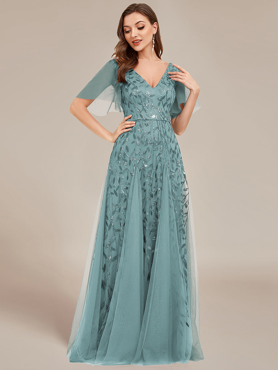 Color=Dusty Blue | Deep V Neck Wholesale Sequin Evening Gown With Short Sleeves-Dusty Blue