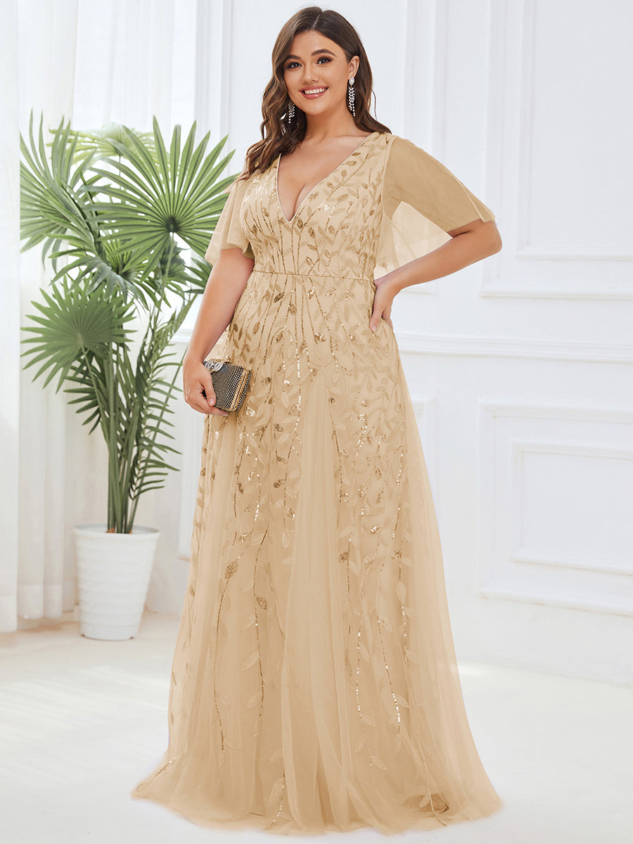 Color=Gold | Deep V Neck Wholesale Sequin Evening Gown With Short Sleeves-Gold