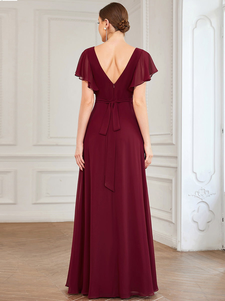 Color=Burgundy | Wholesale Bridesmaid Dresses with Ruffles Sleeves, A-Line, Deep V-Neck-Burgundy 2