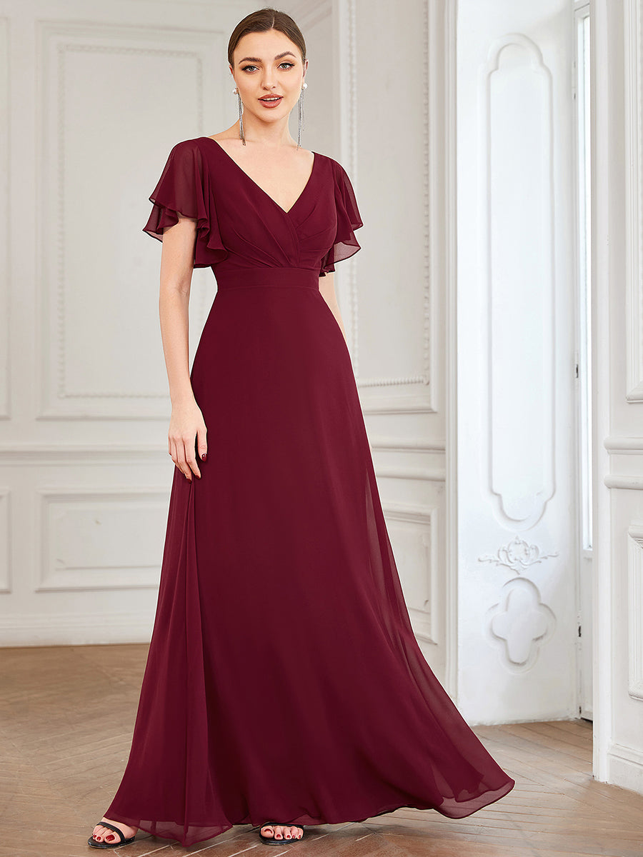 Color=Burgundy | Wholesale Bridesmaid Dresses with Ruffles Sleeves, A-Line, Deep V-Neck-Burgundy 3