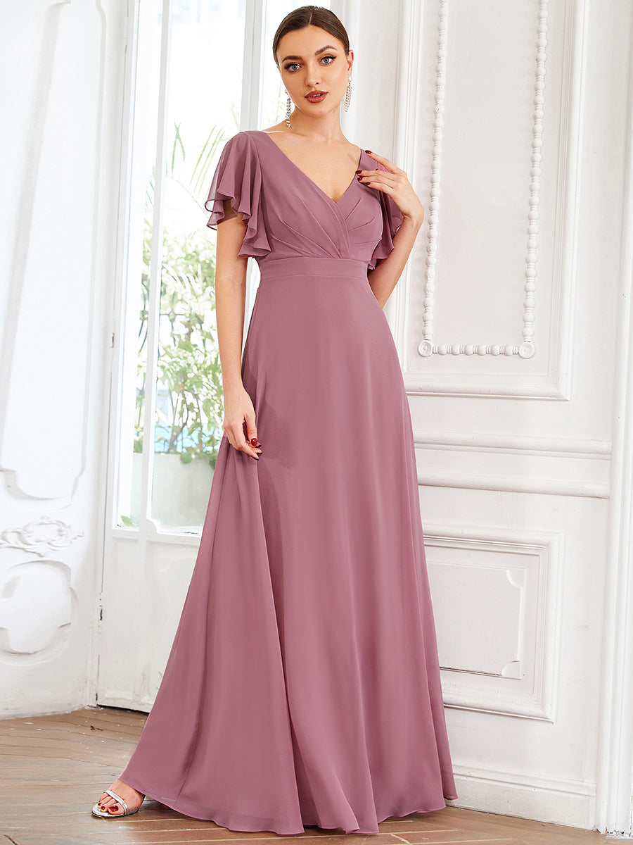 Color=Orchid | Wholesale Bridesmaid Dresses with Ruffles Sleeves, A-Line, Deep V-Neck-Orchid 1