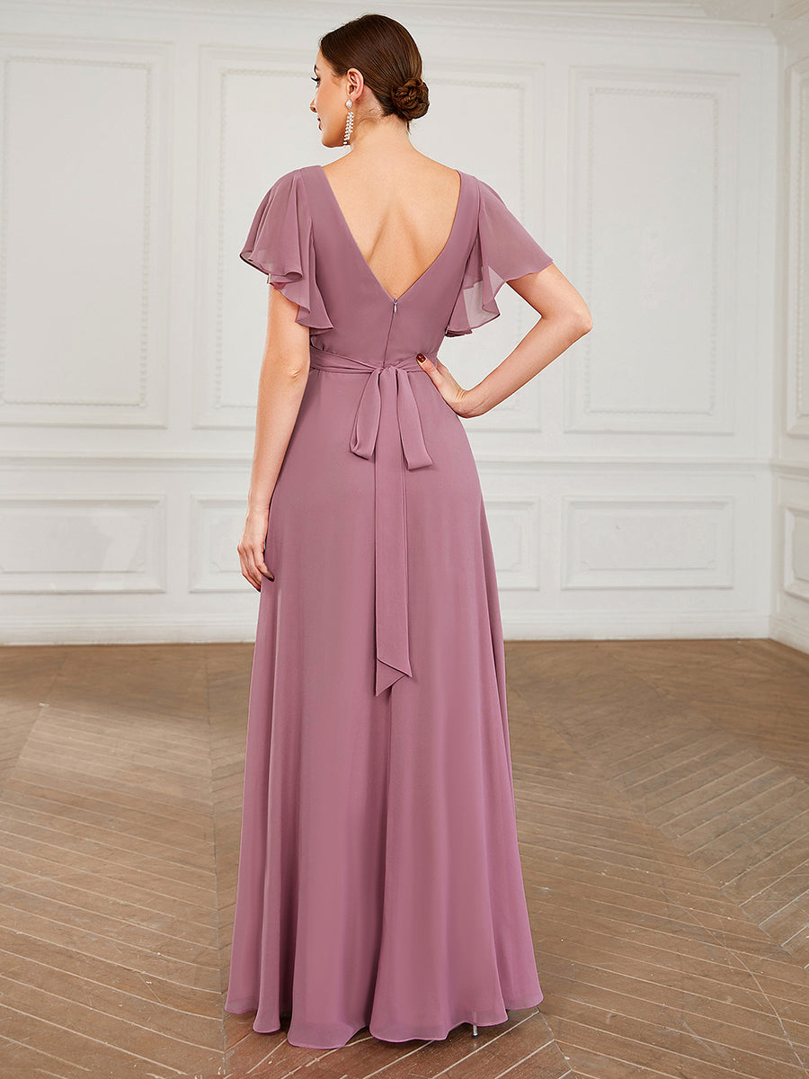 Color=Orchid | Wholesale Bridesmaid Dresses with Ruffles Sleeves, A-Line, Deep V-Neck-Orchid 2