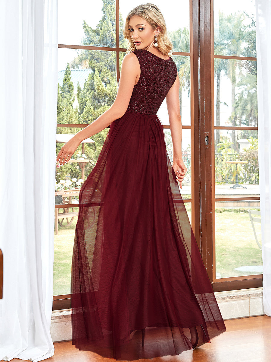 Color=Burgundy | Glamorous Sleeveless A Line Wholesale Evening Dresses with Deep V Neck-Burgundy 2