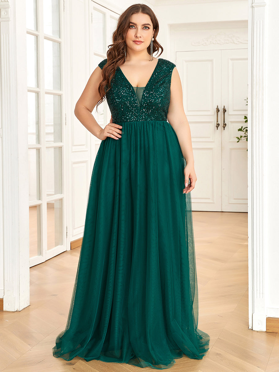 Color=Dark Green | Glamorous Sleeveless A Line Wholesale Evening Dresses with Deep V Neck-Dark Green 1