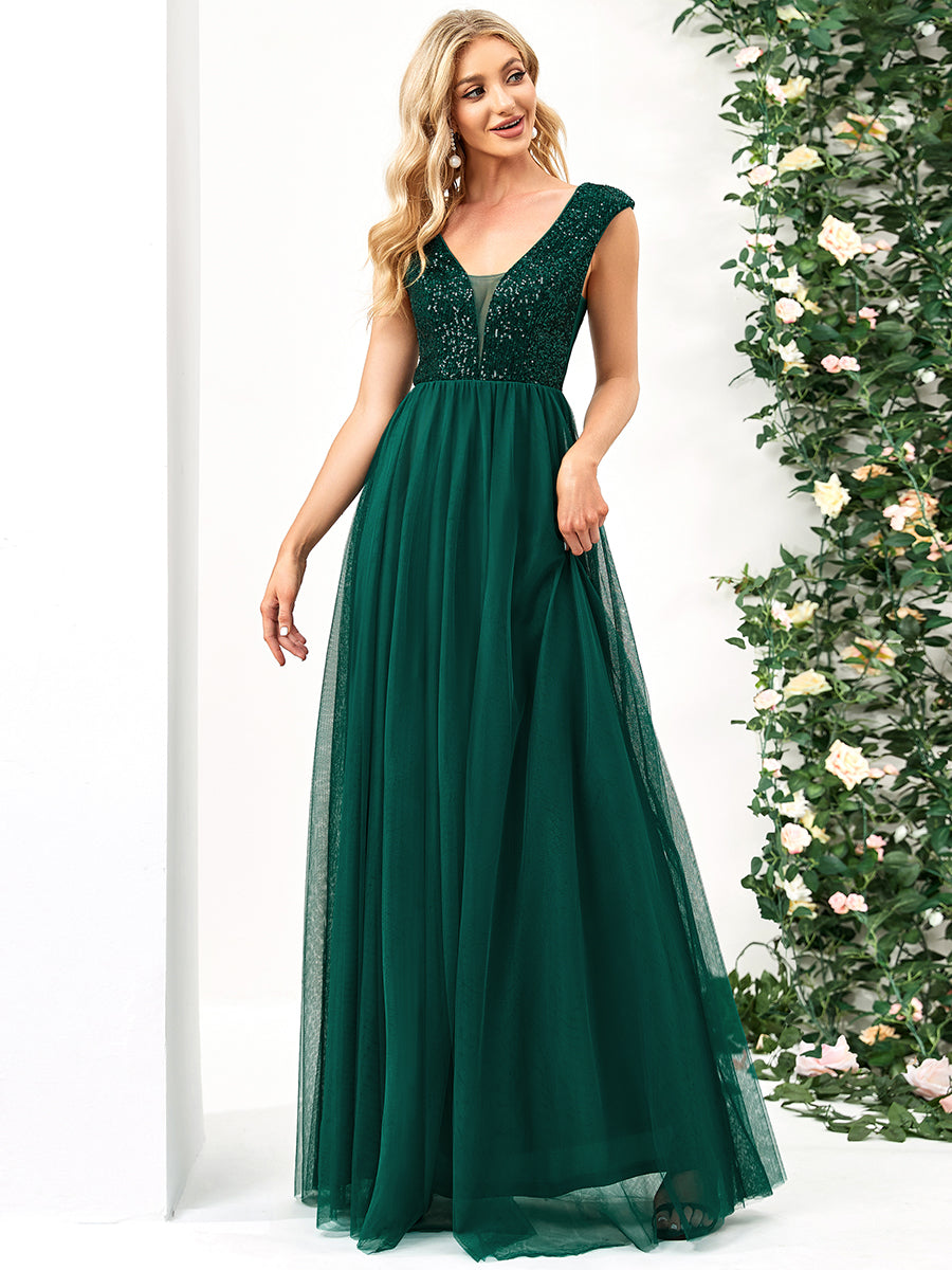Color=Dark Green | Glamorous Sleeveless A Line Wholesale Evening Dresses with Deep V Neck-Dark Green 3