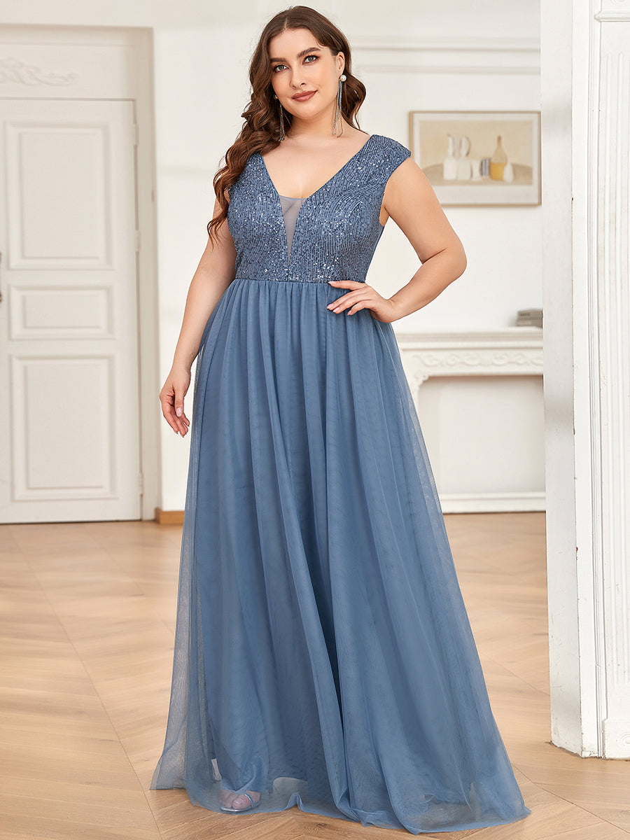 Color=Dusty Navy | Glamorous Sleeveless A Line Wholesale Evening Dresses with Deep V Neck-Dusty Navy 1