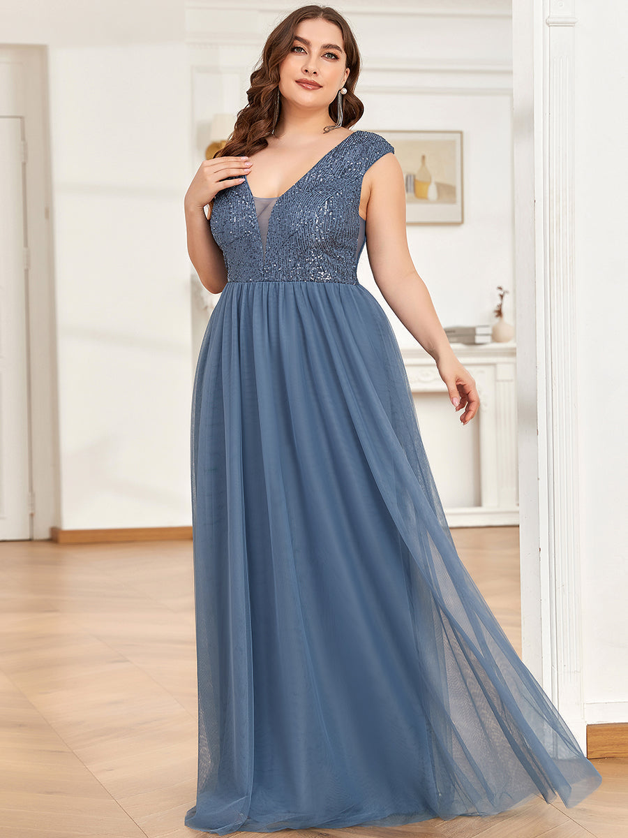 Color=Dusty Navy | Glamorous Sleeveless A Line Wholesale Evening Dresses with Deep V Neck-Dusty Navy 4