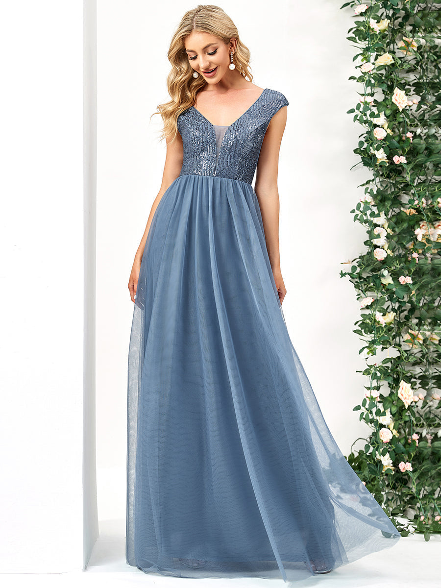 Color=Dusty Blue | Glamorous Sleeveless A Line Wholesale Evening Dresses with Deep V Neck-Dusty Blue 1