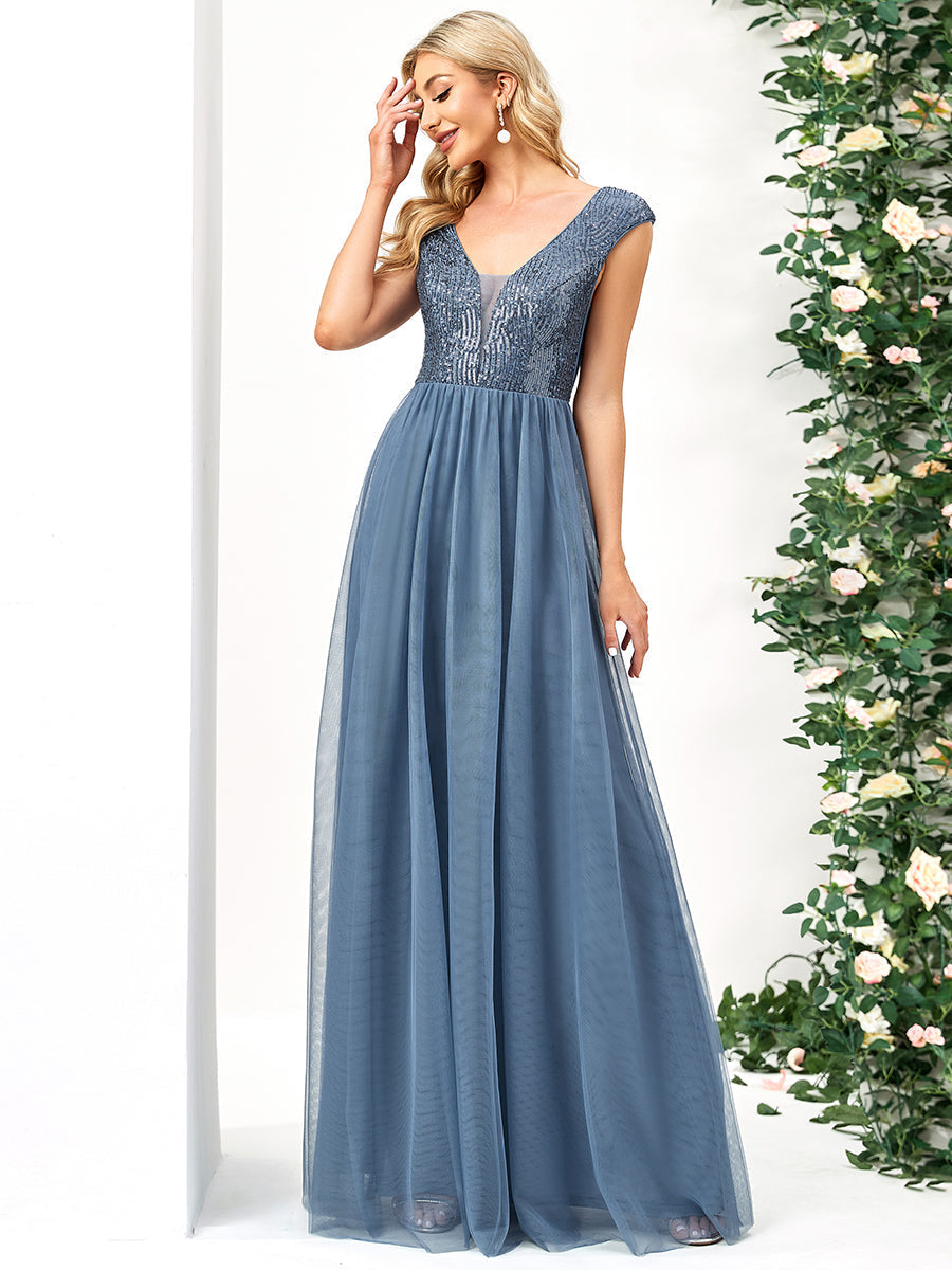 Color=Dusty Navy | Glamorous Sleeveless A Line Wholesale Evening Dresses with Deep V Neck-Dusty Navy 3
