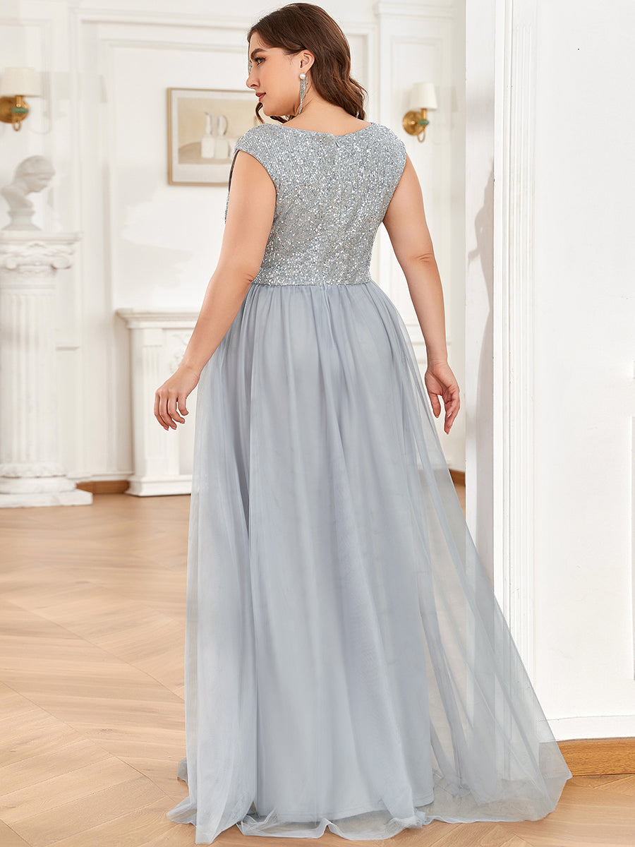Color=Grey | Glamorous Sleeveless A Line Wholesale Evening Dresses with Deep V Neck-Grey 2