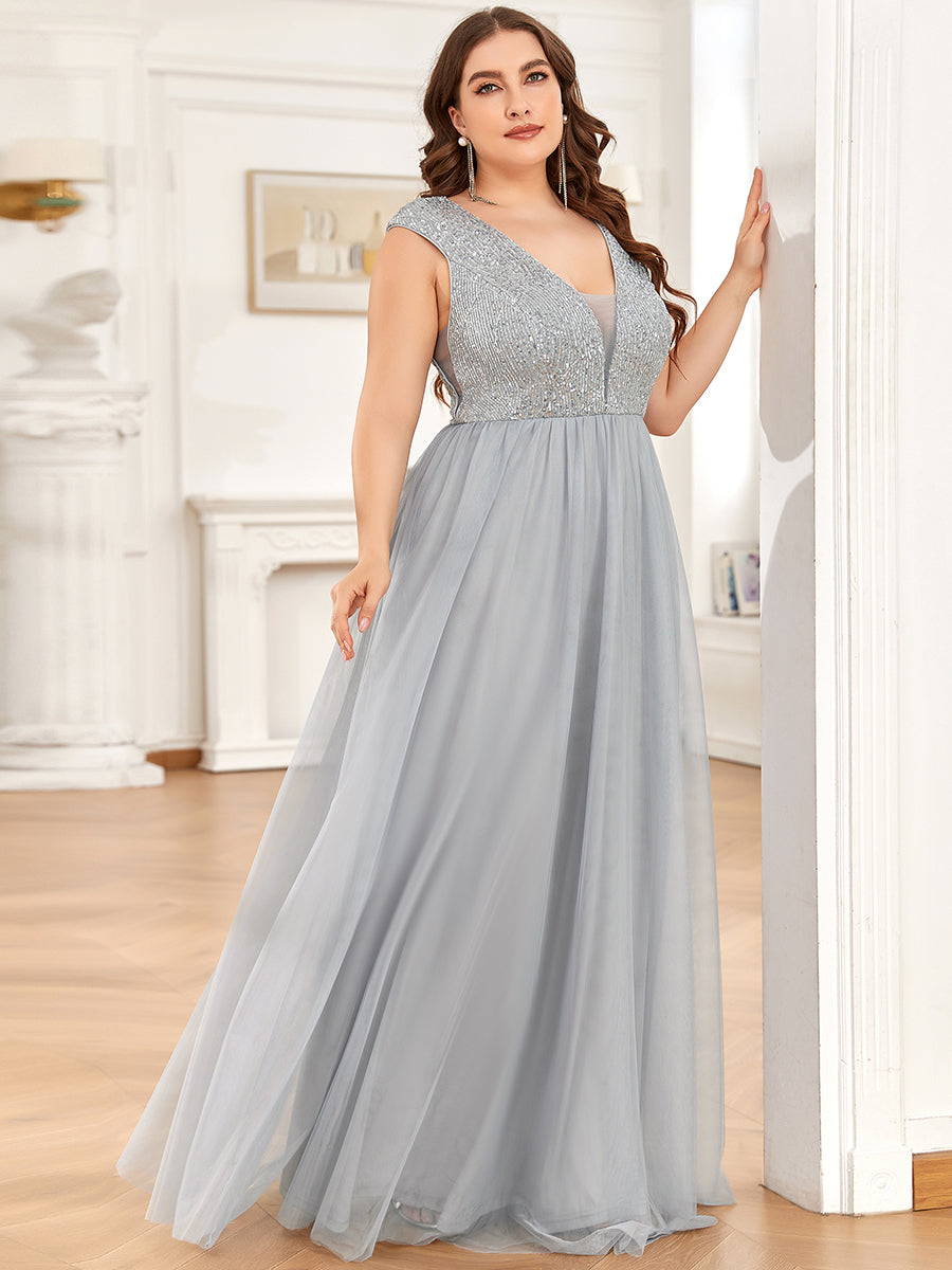 Color=Grey | Glamorous Sleeveless A Line Wholesale Evening Dresses with Deep V Neck-Grey 3