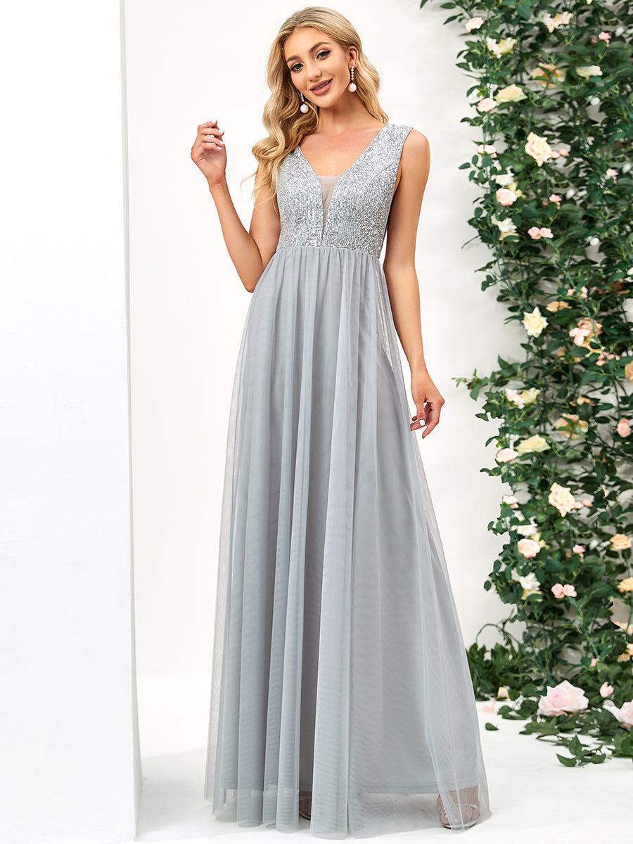 Color=Grey | Glamorous Sleeveless A Line Wholesale Evening Dresses with Deep V Neck-Grey 1