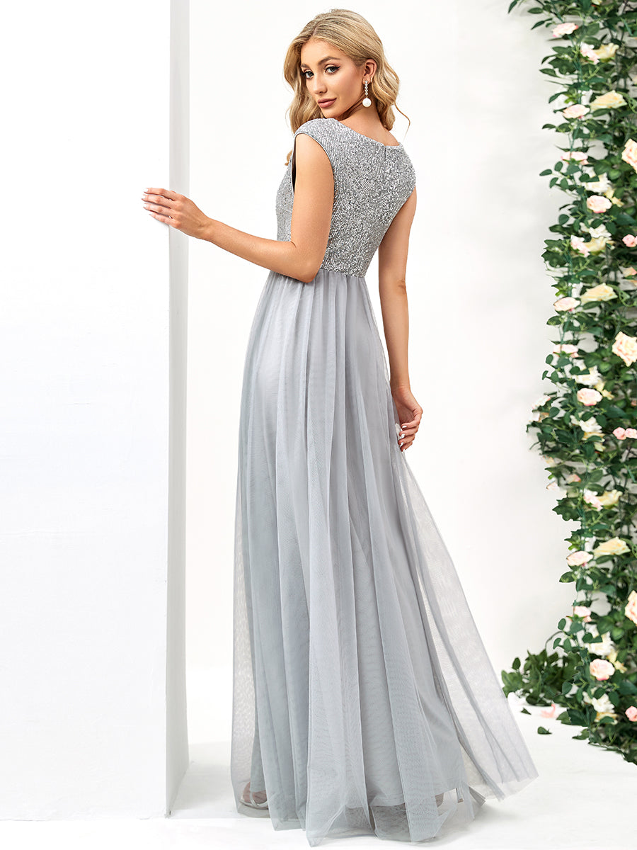 Color=Grey | Glamorous Sleeveless A Line Wholesale Evening Dresses with Deep V Neck-Grey 2