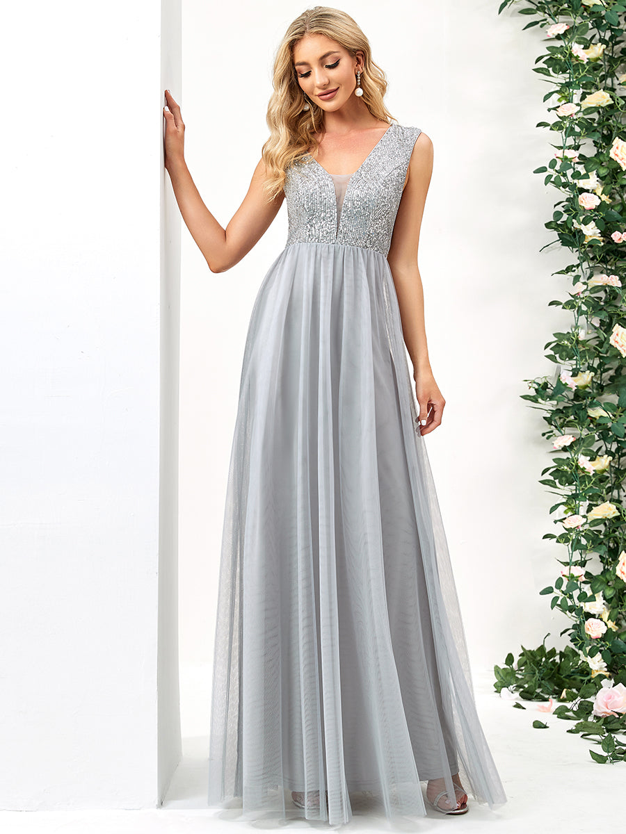 Color=Grey | Glamorous Sleeveless A Line Wholesale Evening Dresses with Deep V Neck-Grey 3