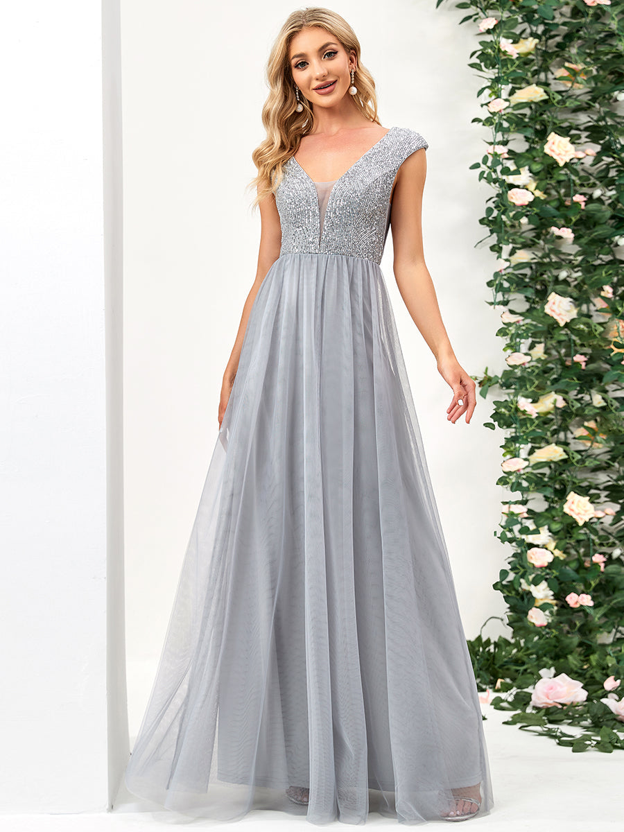 Color=Grey | Glamorous Sleeveless A Line Wholesale Evening Dresses with Deep V Neck-Grey 4