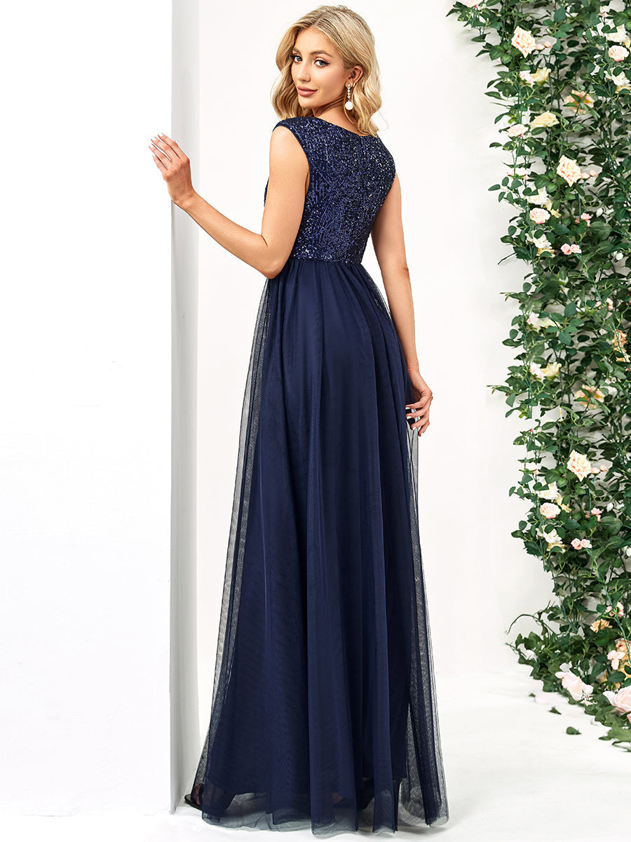 Color=Navy Blue | Glamorous Sleeveless A Line Wholesale Evening Dresses with Deep V Neck-Navy Blue 2
