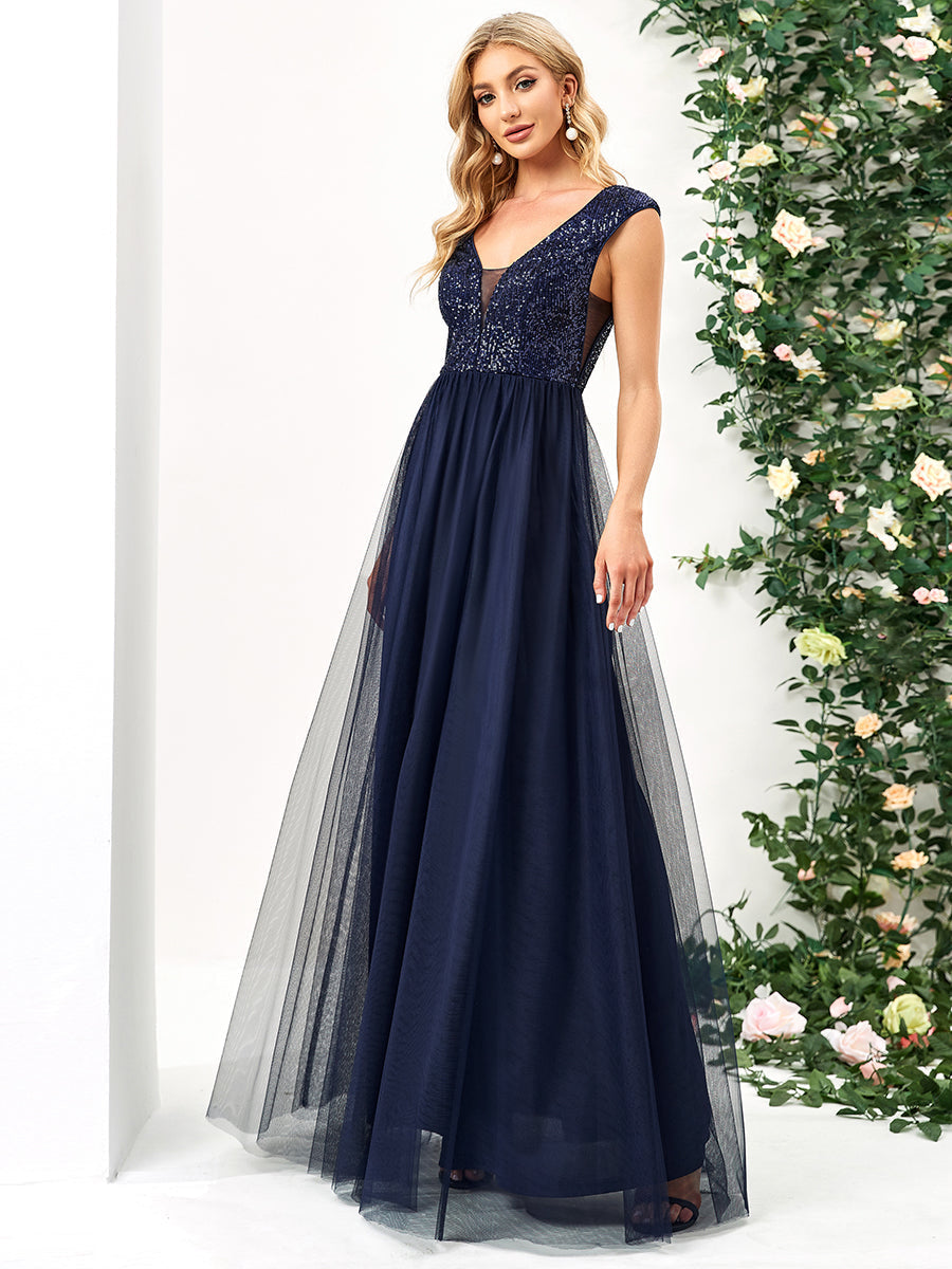 Color=Navy Blue | Glamorous Sleeveless A Line Wholesale Evening Dresses with Deep V Neck-Navy Blue 3