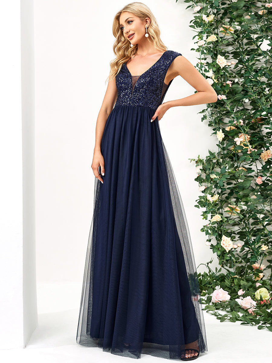 Color=Navy Blue | Glamorous Sleeveless A Line Wholesale Evening Dresses with Deep V Neck-Navy Blue 4