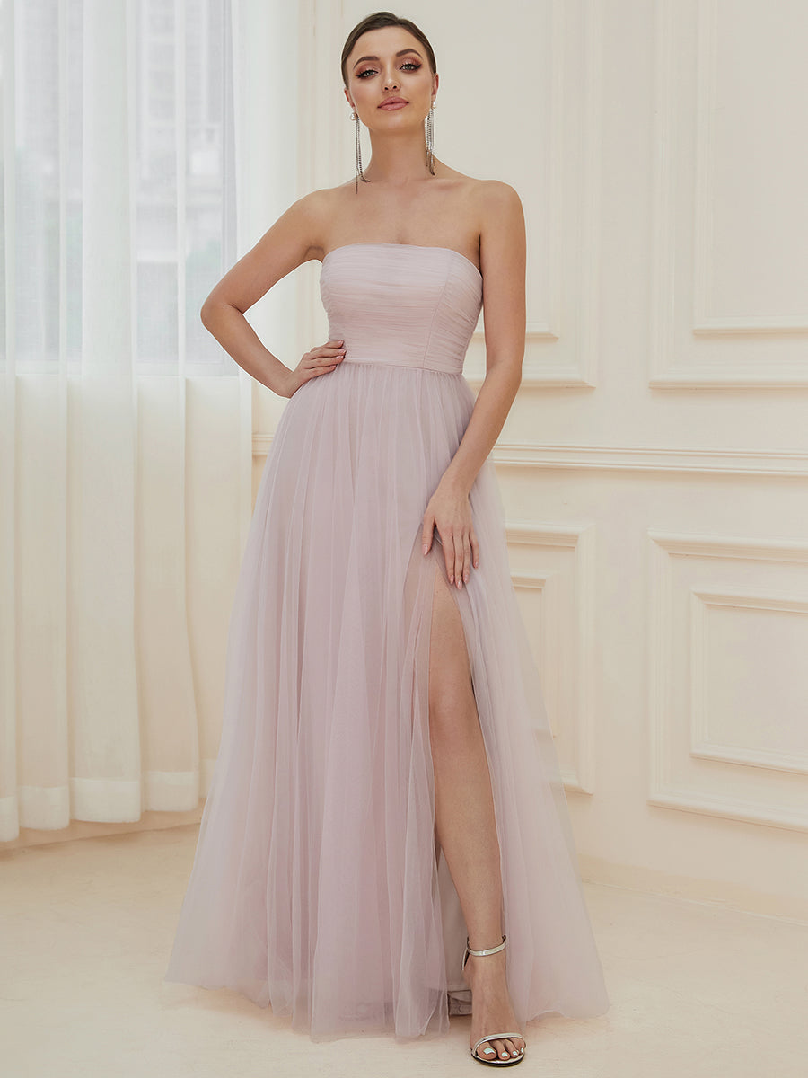 Color=Lilac | Elegant A Line Strapless Wholesale Evening Dresses with Split Design-Lilac 1