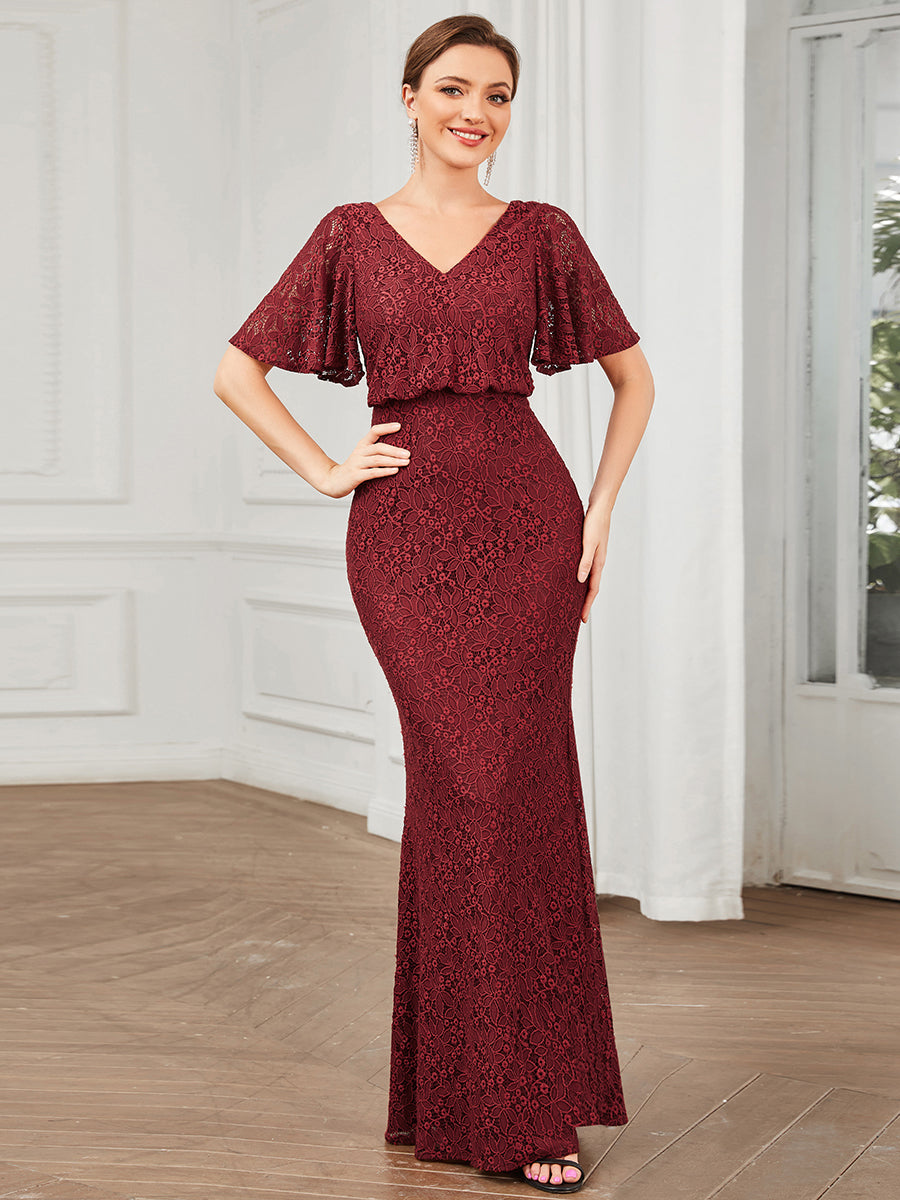 Color=Burgundy | Short Ruffles Sleeves A Line Wholesale Evening Dresses with V Neck-Burgundy 1