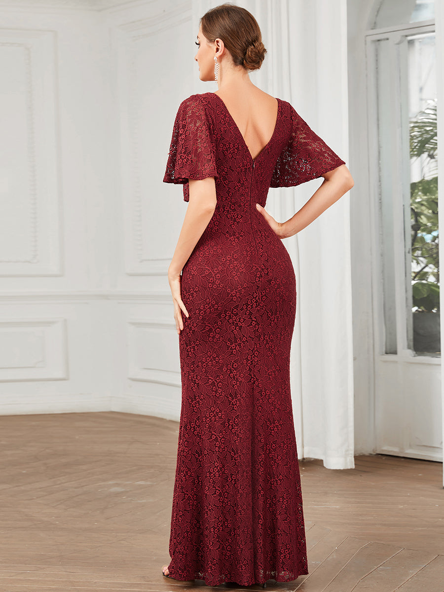 Color=Burgundy | Short Ruffles Sleeves A Line Wholesale Evening Dresses with V Neck-Burgundy 2