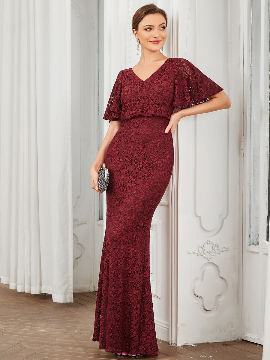 Color=Burgundy | Short Ruffles Sleeves A Line Wholesale Evening Dresses with V Neck-Burgundy 3