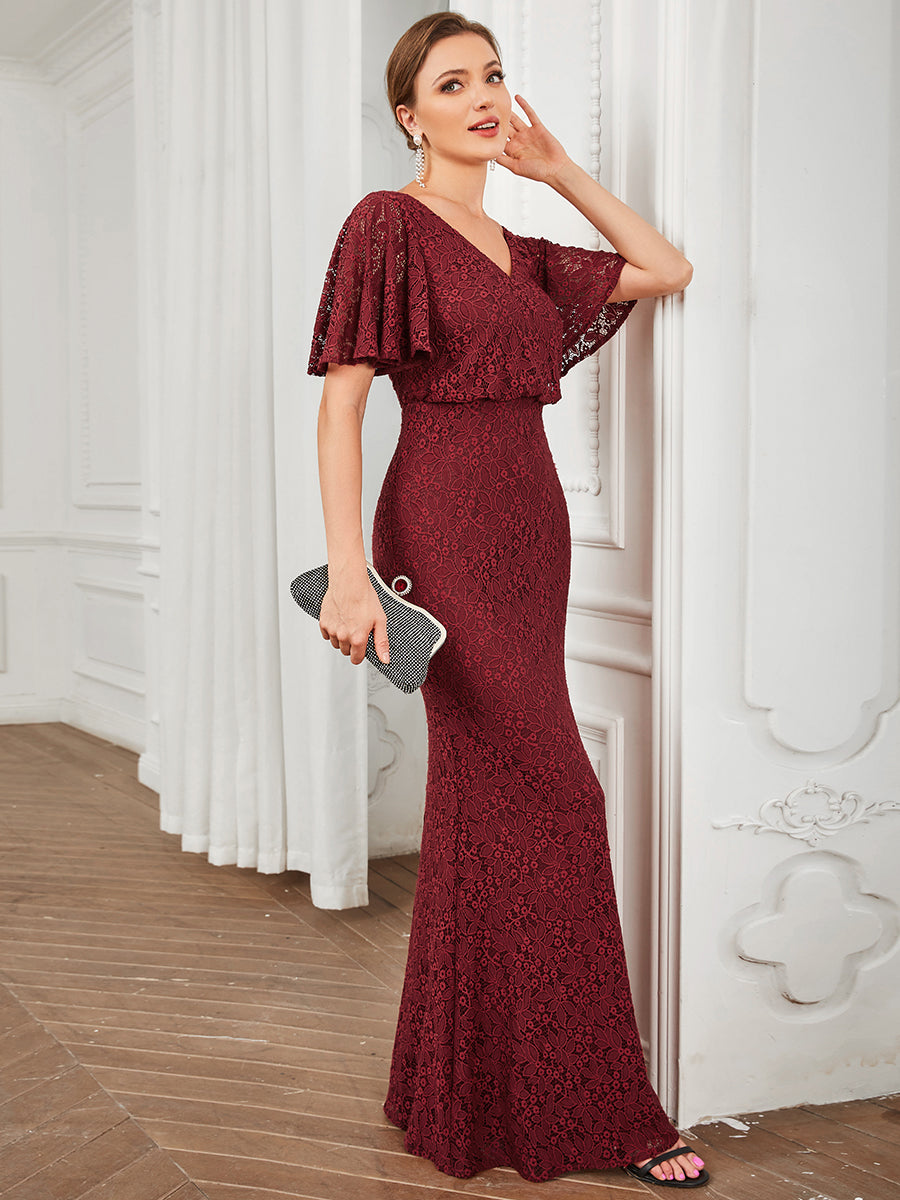 Color=Burgundy | Short Ruffles Sleeves A Line Wholesale Evening Dresses with V Neck-Burgundy 4
