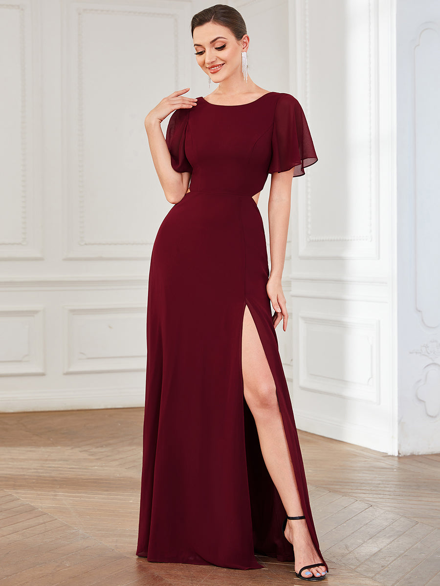 Color=Burgundy | Round Neck A Line Ruffles Sleeves Split Wholesale Bridesmaid Dresses-Burgundy 1
