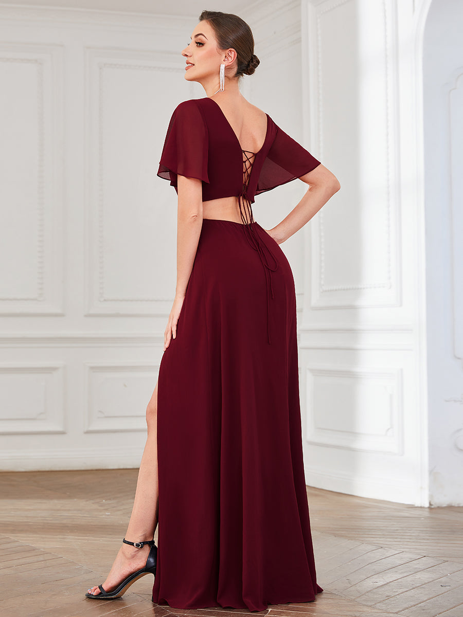 Color=Burgundy | Round Neck A Line Ruffles Sleeves Split Wholesale Bridesmaid Dresses-Burgundy 2